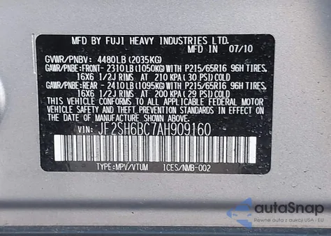 2010 Subaru Forester 2.5X из США, поврежденный, VIN JF2SH6BC7AH909160